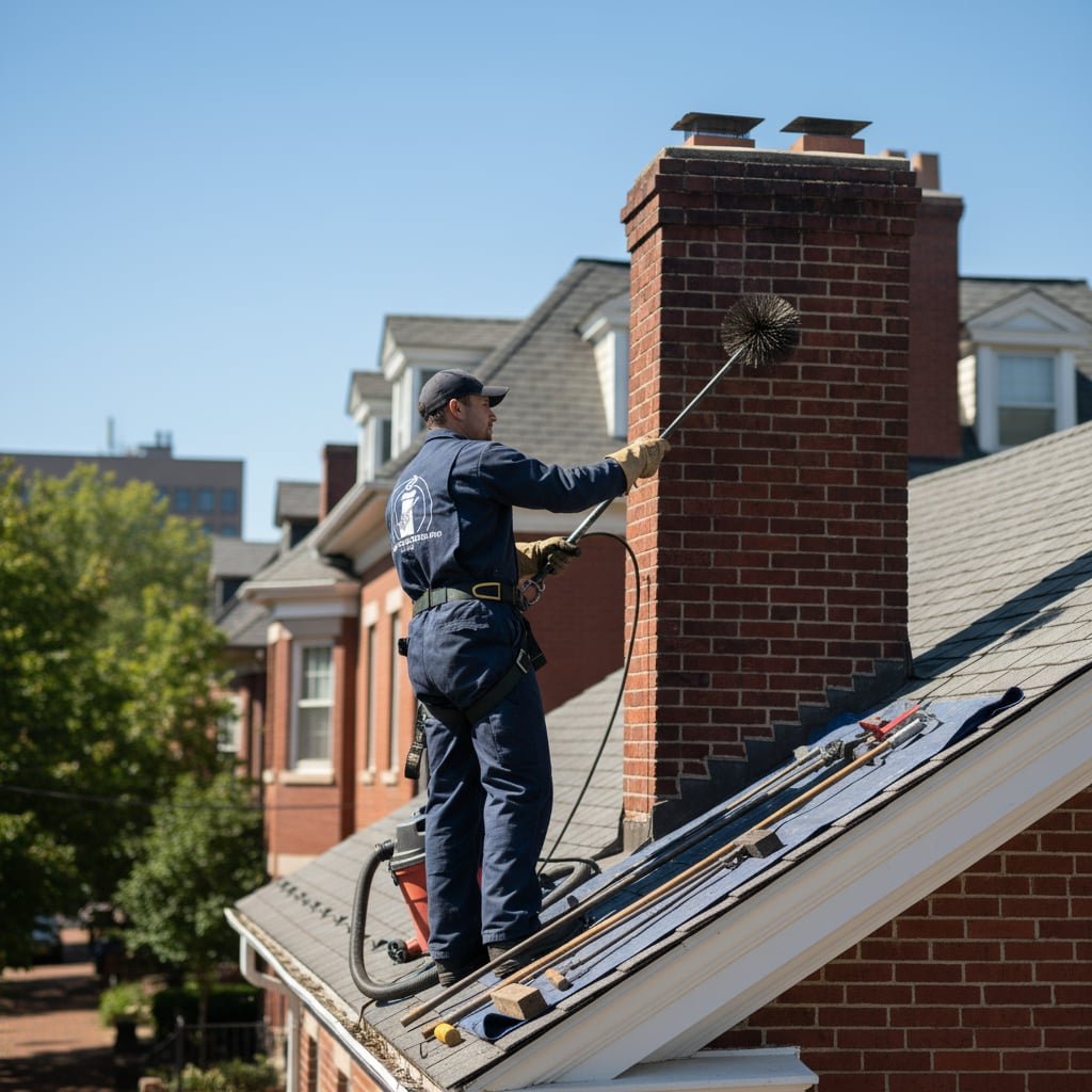 Chimney Sweep Works Pro team working on chimney